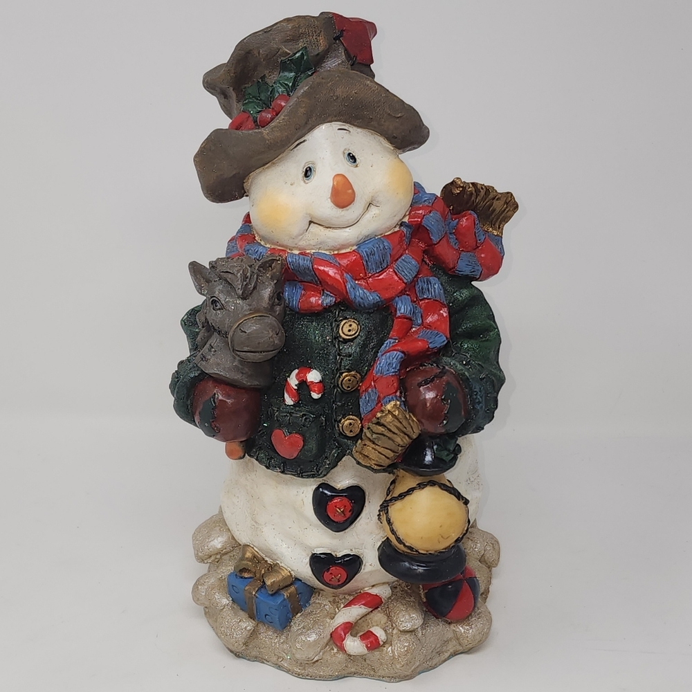 Snowman Figurine Resin Blue Coat Cardinal Hand Painted Winter Christmas Decor‎